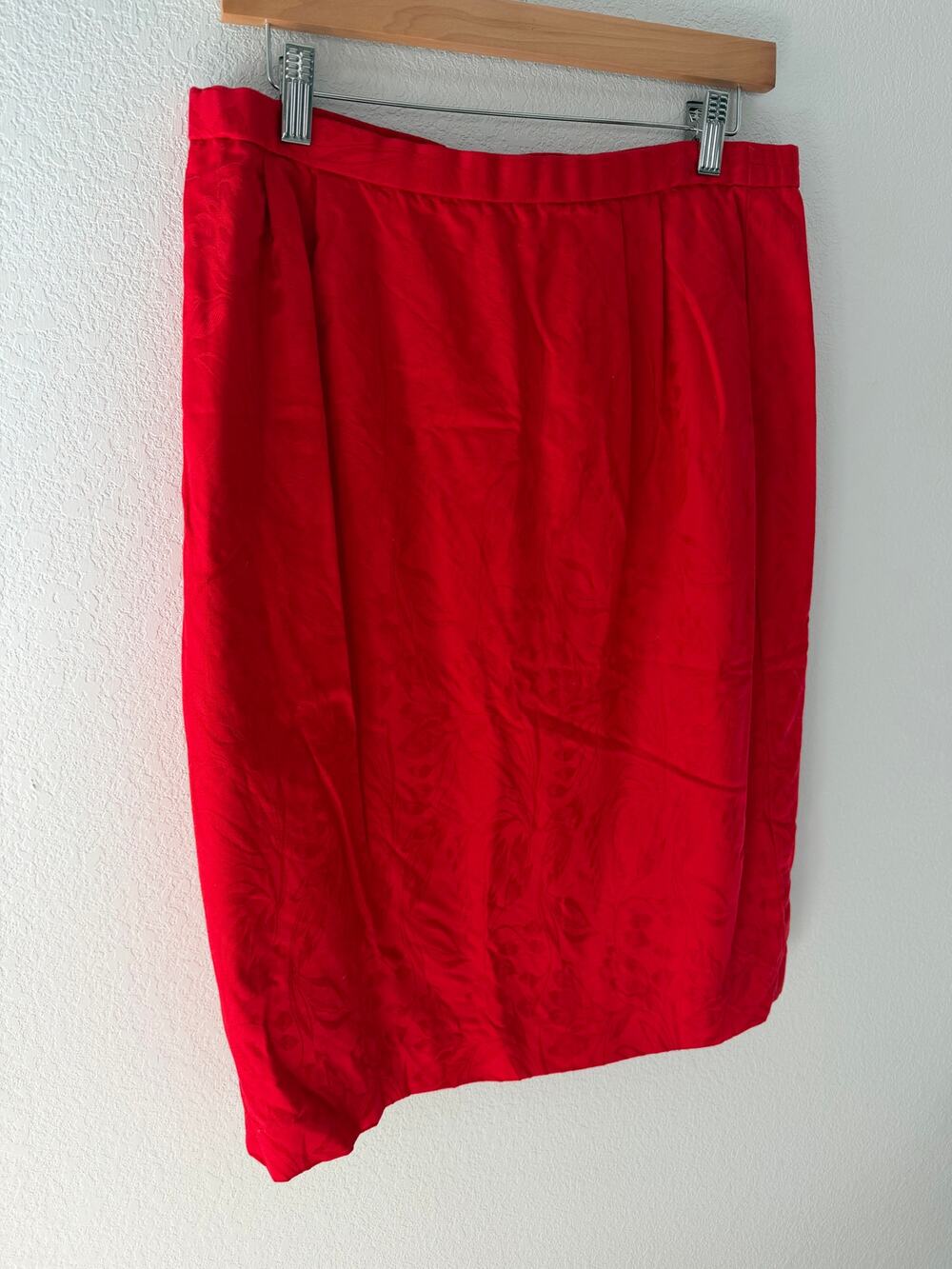 Vintage Red Jacquard Pencil Skirt 100% Cotton High Waist Modern L Made in Korea